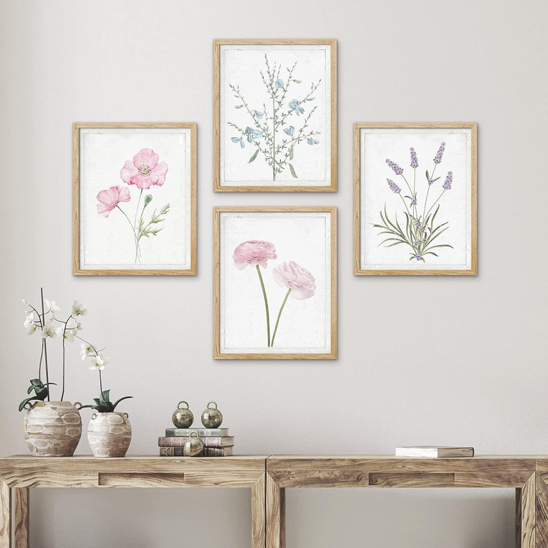 Vibrant Wildflower " IDEA4WALL Framed Lavender Rose Daisy Cornflower Wall Art, Set Of 4 Nature Wilderness Wall Decor Prints, Botanical Floral Wall Decor For Living Room, Bedroom " 4 - Pieces