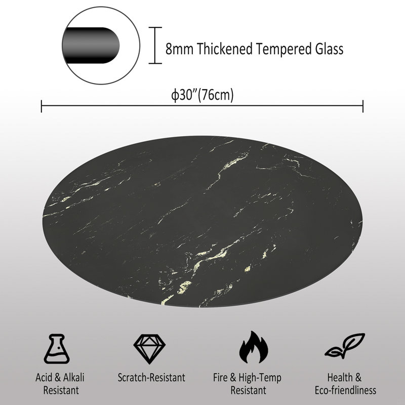 Plateau de table rond en verre trempé de 30 po, Noir, H 0,31 po x L 30 po x l 30 po