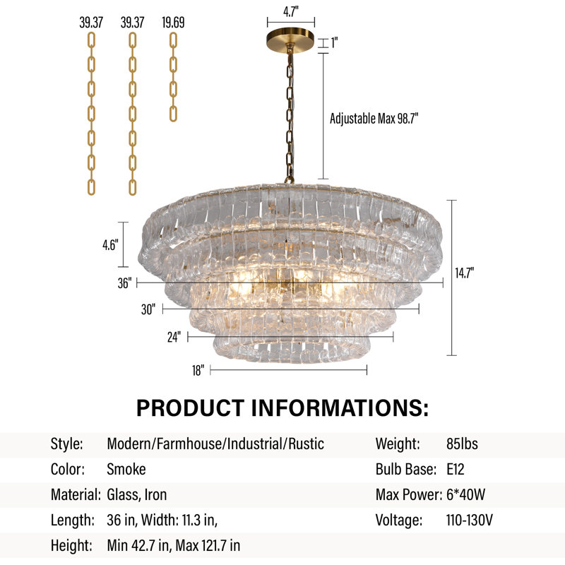 Whistler 36" 6-Lights Luxury Large Tiered Round Clear Glass Gold Chandelier(Bulbs Included), Gold, 15" H x 36" W x 36" D