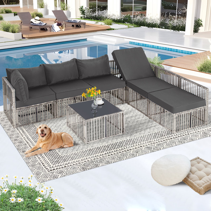7 Pieces Outdoor Patio Furniture Set, Wicker Outdoor Sectional Conversation Couch Set With Adjustable Backrest Sofa, Thick Cushion & Coffee Table For Garden, Porch, Poolside,Grey/Grey