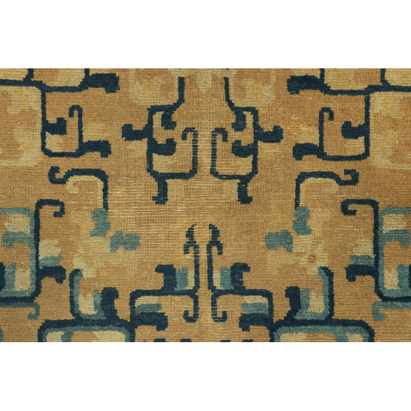 Mid-19Th-Century Antique Ningxia Rug, Gold With Geometric Patterns - Rug & Kilim