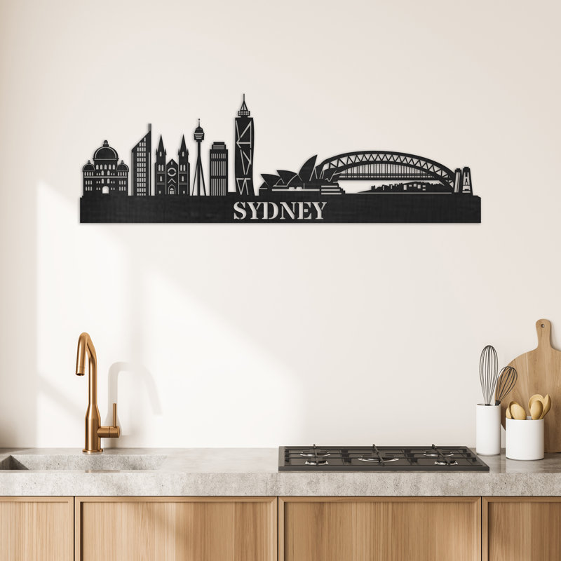 Décoration murale en bois Sydney City Skyline, H 14 po x l 46 po x P 0,25 po, Naturel