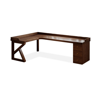 Bureau en bois massif brun en forme de L avec 3 tiroirs