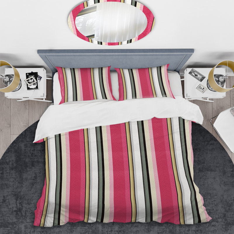 Motif rayé rose et blanc - Ensemble de housse de couette abstrait - Polyester en microfibre