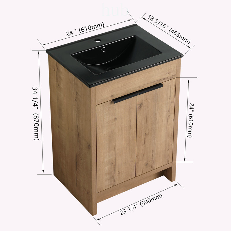 Meuble-lavabo autoportant de 61 cm (24 pouces) avec lavabo en céramique et 2 portes d'armoire à fermeture douce, durable et élégant pour les salles de bains modernes.