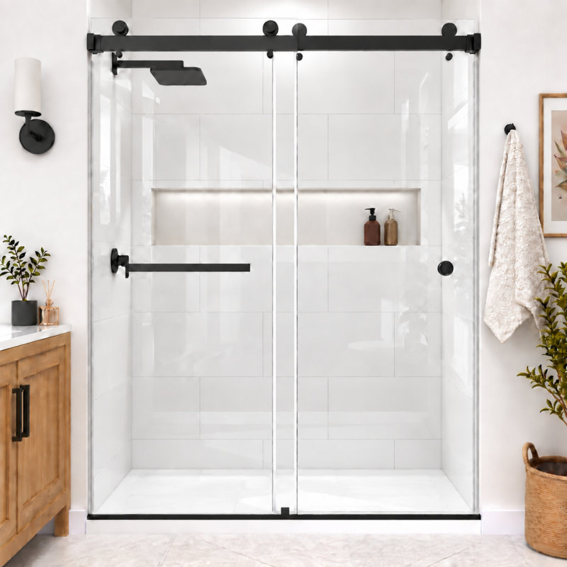 CatalystFP 56"-61"W x 76"H Double Sliding Frameless Shower Door in Matte Black with 3/8" Clear Glass, 60"Wx76"H, Matte Black