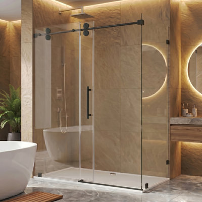 48" W X 34" D X 76" H Sliding Frameless Shower Enclosure With 3/8 Inch Clear Glass Matte Black