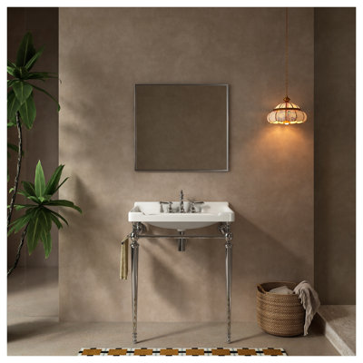 Console de lavabo murale VICI de 28 po avec pieds en acier inoxydable et porte-serviettes, lavabo en céramique blanche avec 3 trous de robinetterie