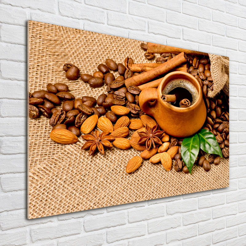 Grains Of Coffee And A Cup - No Frame Print on Glass