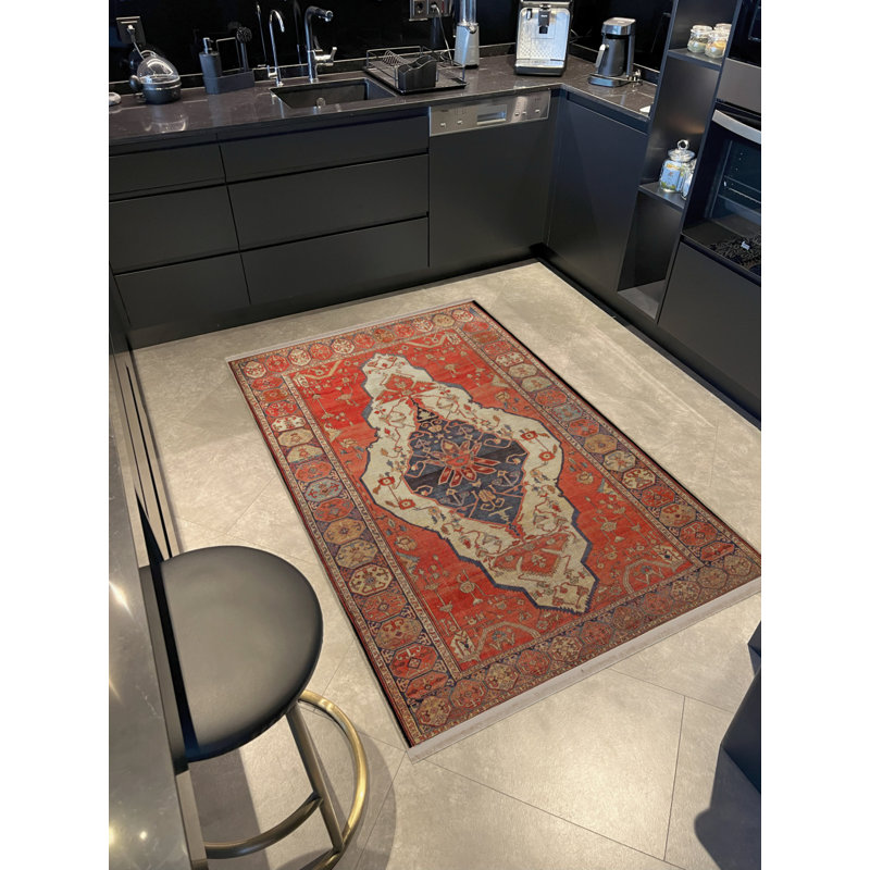 Tapis décoratif orange à motif orange à motif frangé, Tapis de couloir 2 pi 8 po x 7 pi 11 po
