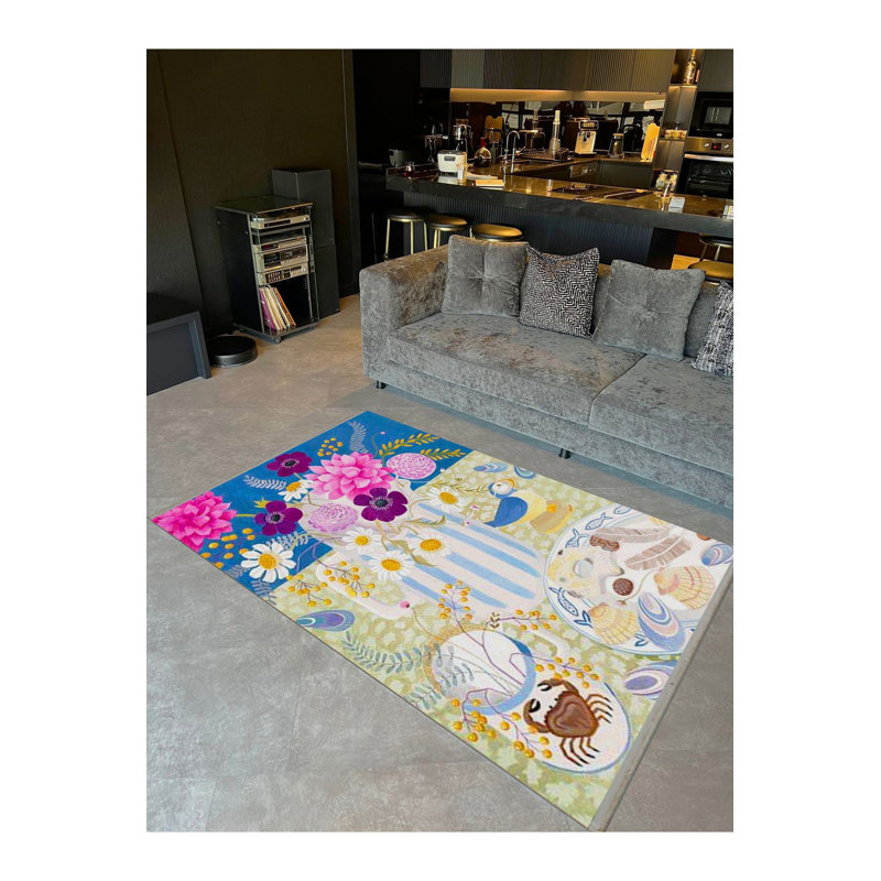 Tapis décoratif lavable à la machine à motif de fleurs, de coquillage et d'oiseaux de la collection Barcelona