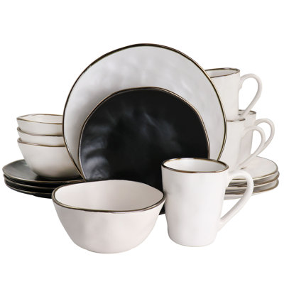 Elama Roman 16 Piece Stoneware Dinnerware Set In Assorted Matte With Gold Rim In Black;white