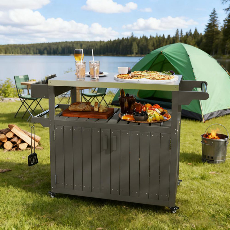 Convenient Outdoor Table Top,Outdoor Bar Cart With Storage,Wheeled Kitchen Island For Food Prep, Dark Gray/Silver