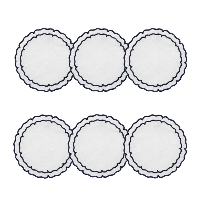 Linho Coaster: Scalloped Round Coaster - Charcoal, White w/ Navy