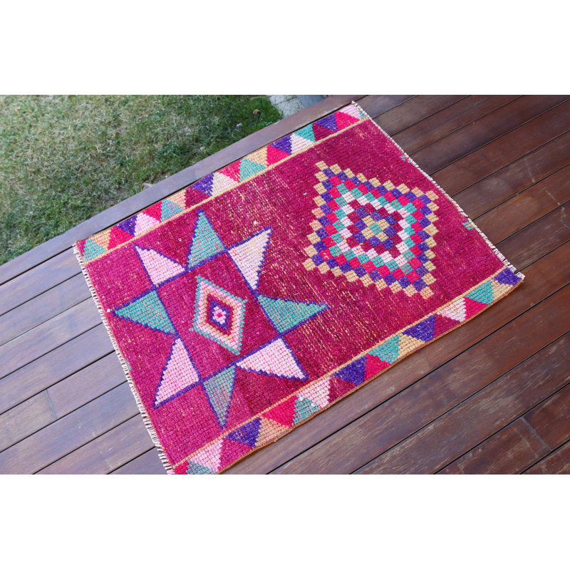 Petit tapis turc Herki en mauve pour le vestibule - Design minimaliste moderne avec de la laine et un aspect rétro