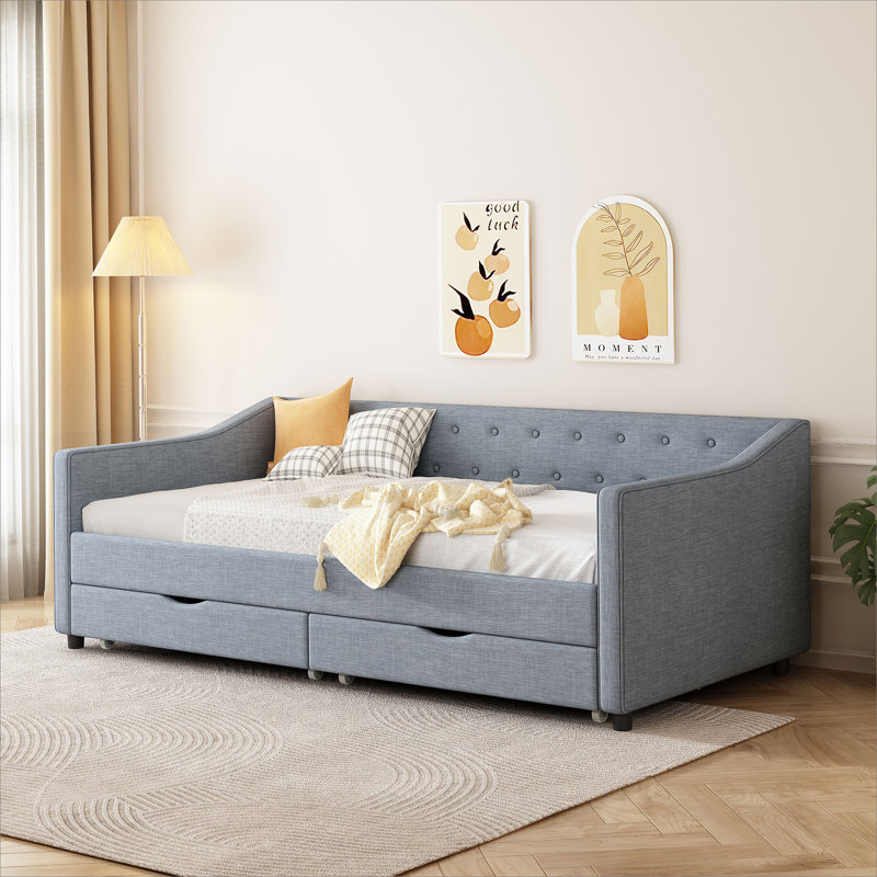 Lit de jour simple avec tiroirs, canapé-lit capitonné capitonné, avec dossier et passepoil sur les accoudoirs ondulés gris foncé