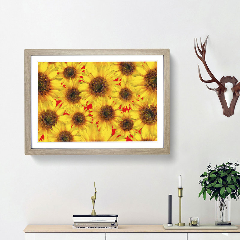 Wall of Yellow Sunflowers - Picture Frame Graphic Art Print on MDF, Oak Framed, 45cm H x 63cm W x 2cm D