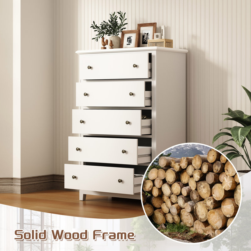 5 Drawer Solid Wood Construction Dresser, White