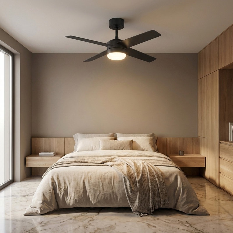 Ventilateur de plafond à DEL Loni 52, Nuit noire, Commande murale, Noyer américain / noir minuit