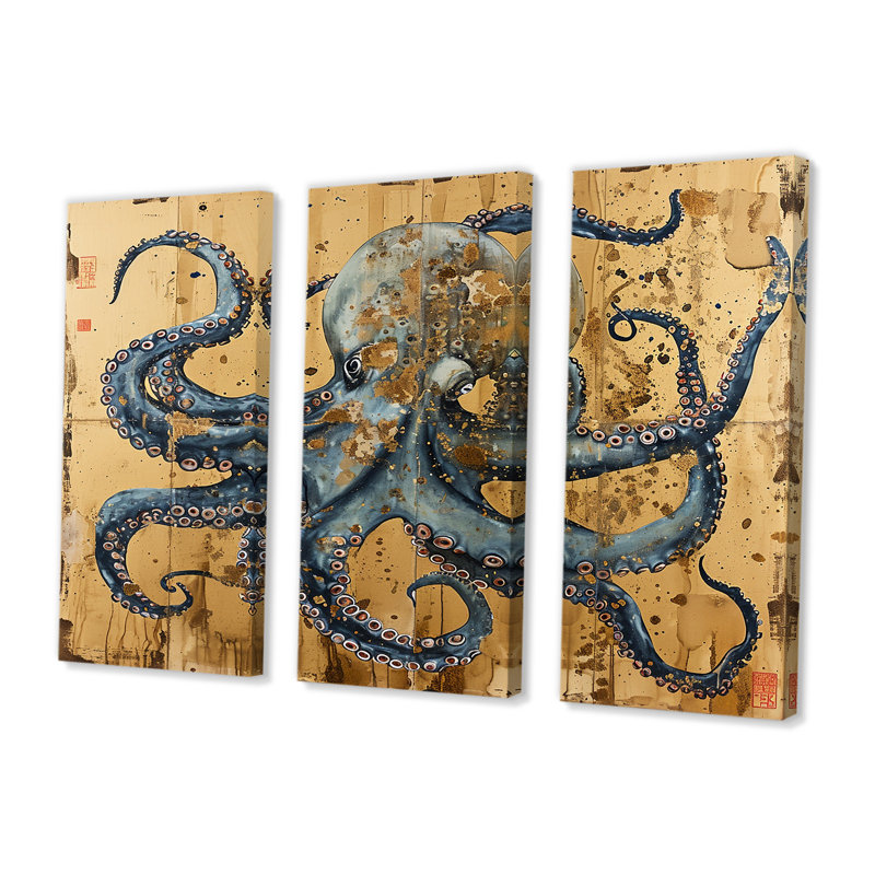 Ensemble de décoration murale Rinker - pieuvre / calmar, Toile tendue, H 32 po x l 48 po x P 1 po