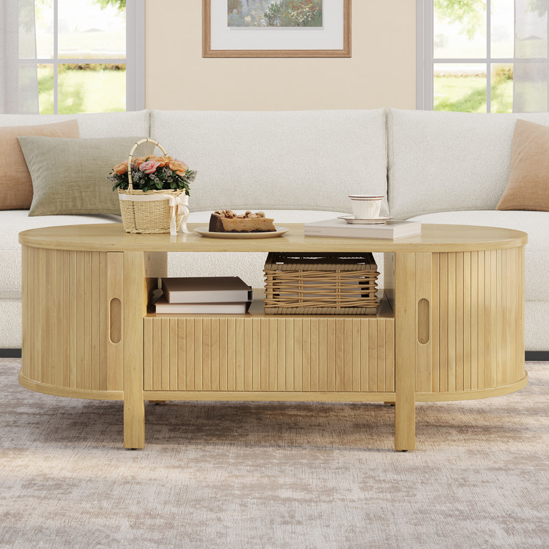Table basse 47,2 po ovale avec rangement, table d'appoint cannelée avec tiroirs et portes tambour rondes, Chêne