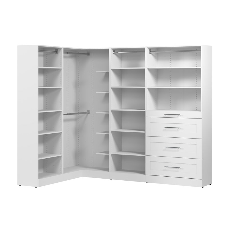Bestar Florence 95W X 61D Modular L Shaped Walk-In Closet System With Rods, Shelves, And Drawers, Shaker Style
