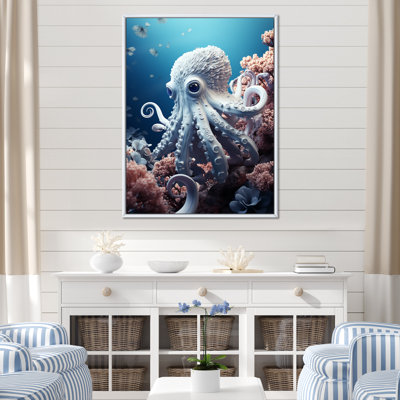 Impression sur toile monochrome, pieuvre bleue et blanche