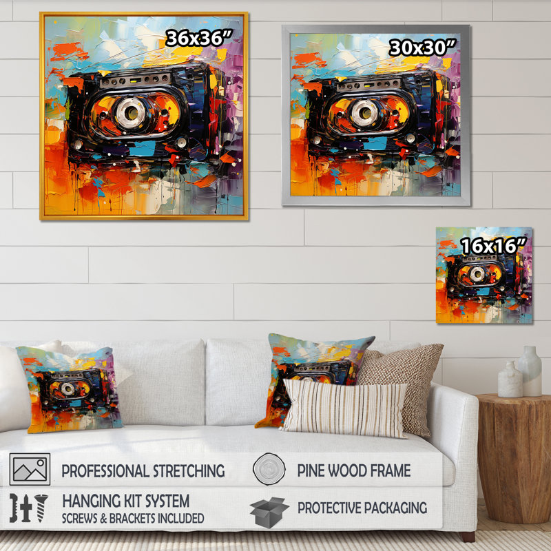 Cassettes colorées abstraites et mélodiques II - Cassette, art mural, Cadre doré simple, H 36 po x l 36 po x P 1,5 po