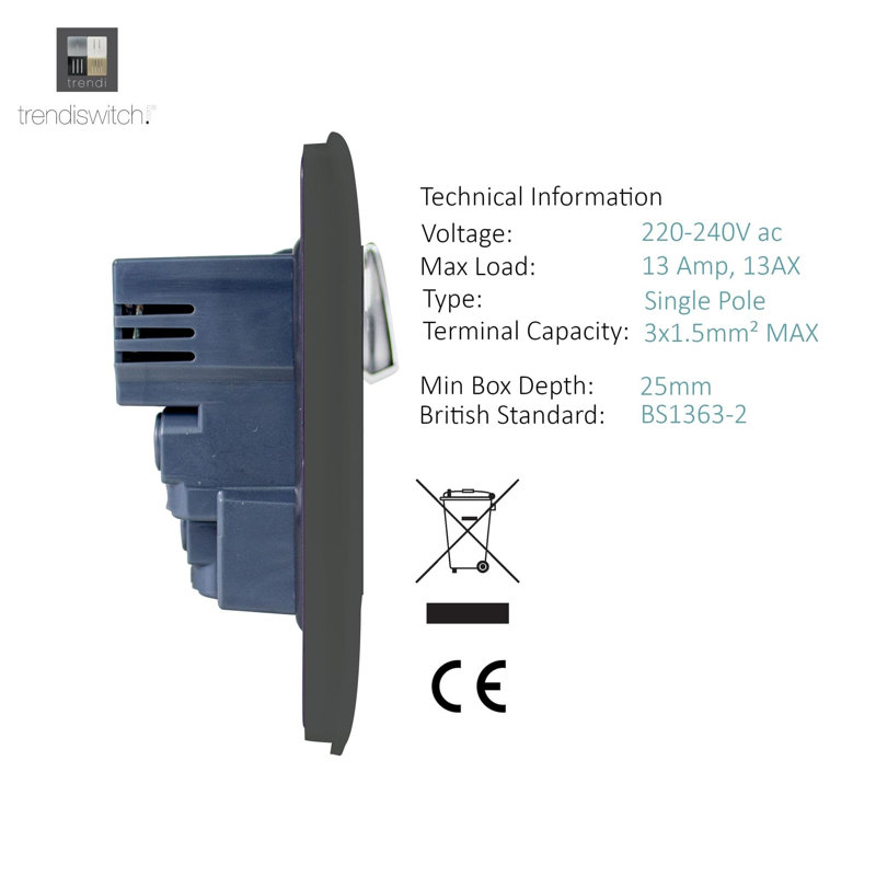 Trendi Switch 1 Gang USB 2100mA Plug Socket, Charcoal