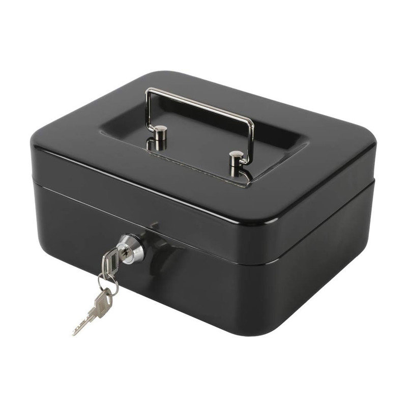 Durable Tabletop Locking Steel Medium Cash Box, Cash Drawer with Removable Coin Tray, Black