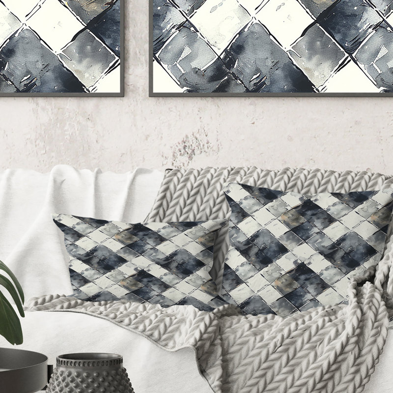 Imprimé vichy gris et blanc - coussin décoratif traditionnel, H 16 po x l 16 po