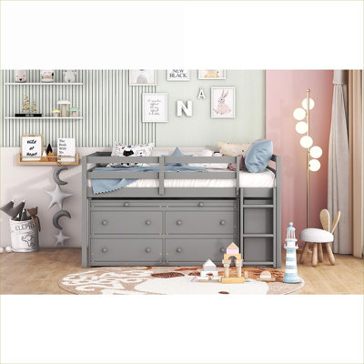 Structure de lit pleine grandeur pour petite chambre d'adolescent en bois massif gris classique avec bureau rétractable et tiroirs de rangement