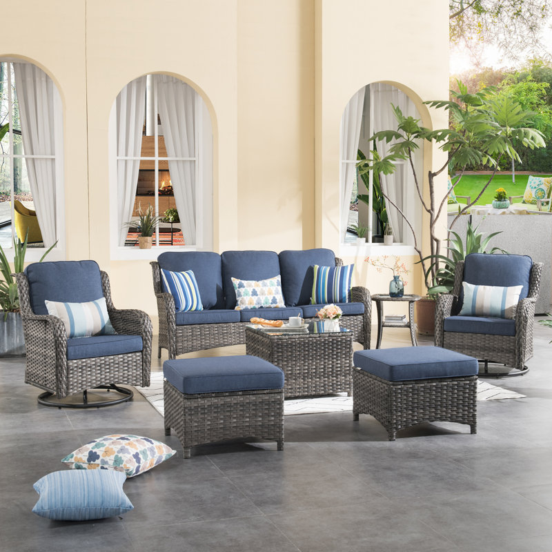 Wicker/Rattan 5 - Person Seating Group With Cushions, Gray, Denim Blue