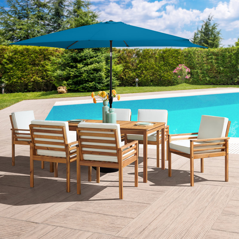 8 Piece Set Okemo Table w/6 Chairs 10"" Rectangular Umbrella (White), 6, Beige