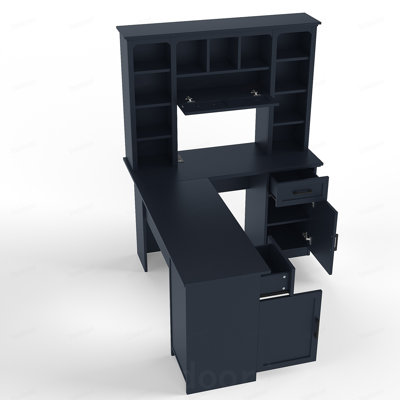 Bureau d'ordinateur en L avec 2 armoires et 2 tiroirs, 11 tablettes ouvertes et 1 tablette à droite rabattable avec rangement, avec prise de courant, pour bureau, salon et bureau