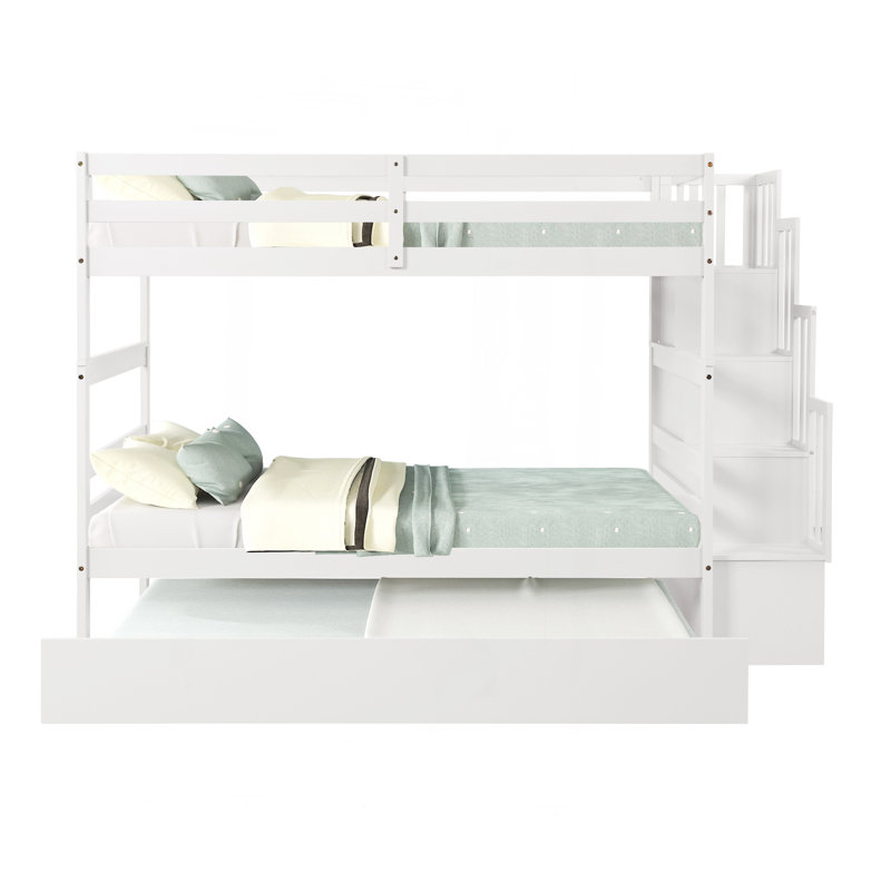 Lits simples superposés avec lit gigogne simple et fonction de rangement d'escalier de couleur blanche