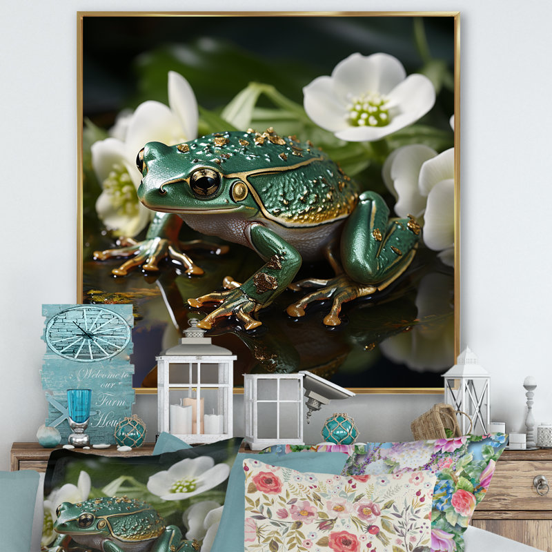 Grenouille verte sur verre, impression sur toile, Cadre flottant doré, H 30 po x l 30 po