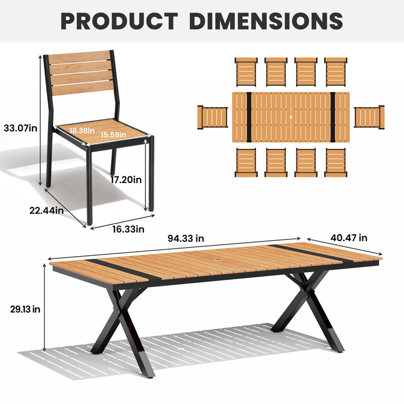 10-person Rectangular Outdoor Dining Set With Umbrella Hole,  Aluminum Frame and Armless Chairs, Brown
