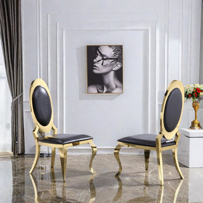 Dameion Luxury Leather Dining Room Chairs with Polished Gold Stainless Steel Legs by Rosdorf Park