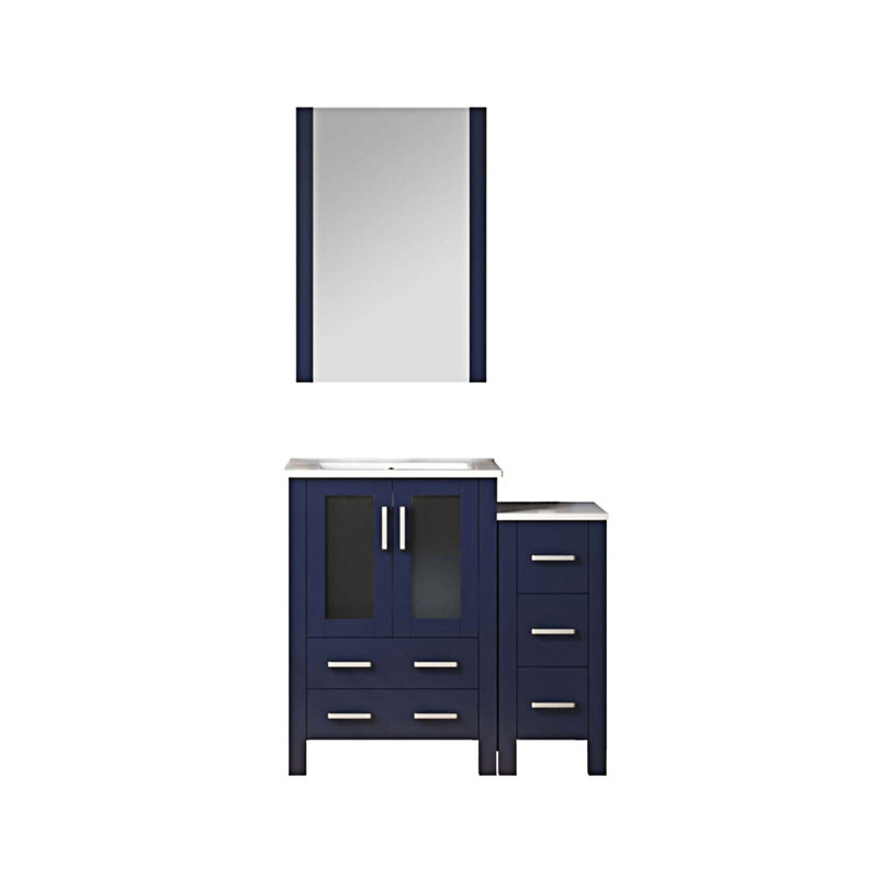 Meuble-lavabo de salle de bain en l X x P, avec armoire latérale, comptoir en céramique et miroir