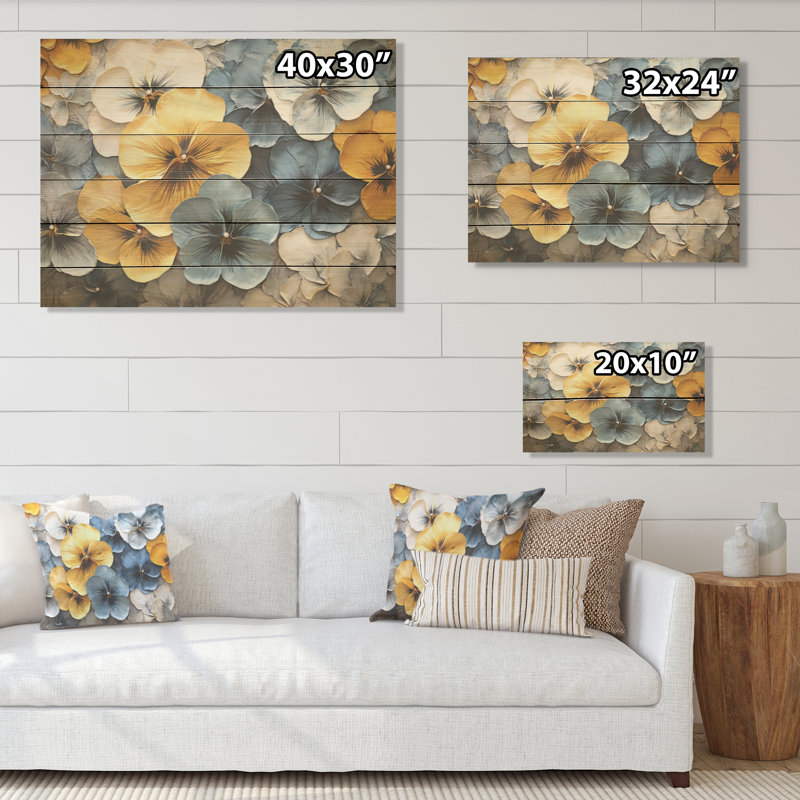 Élégants pétales jaunes et bleus - Pensées, art sur bois de pin naturel, H 24 po x l 32 po