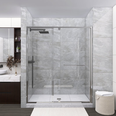 Porte de douche à pivot 56 à 60 po x 72 po, verre trempé transparent de 1/4 po, finition chromée avec poignée en acier