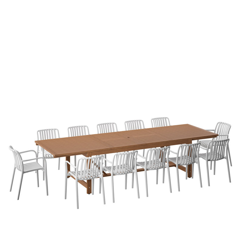 Ensemble de table de salle à manger extensible et chaises d'extérieur 13 pièces Wayland | Finition teck | Idéal pour le patio, la table brun clair et les chaises blanches