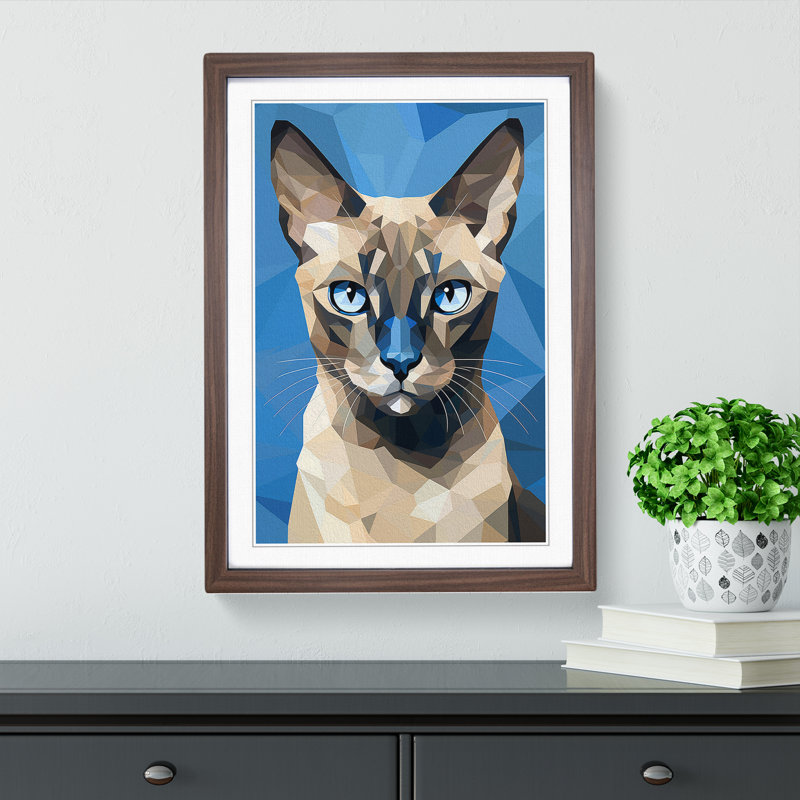 Siamese Cat Cubism - Single Picture Frame Print on Wood, Walnut , 34cm H x 25cm W x 2cm D