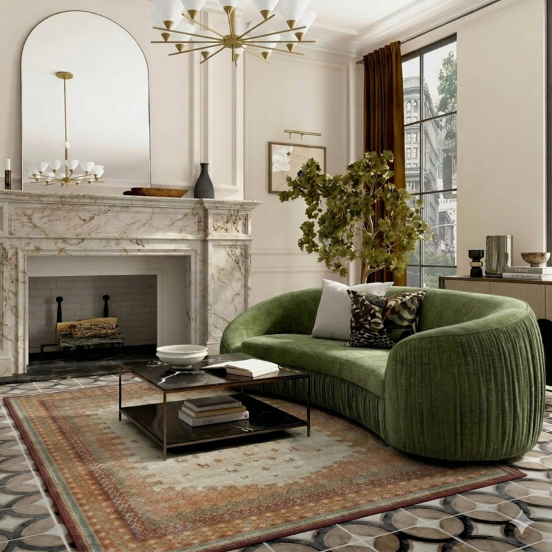 Upholstered 92 " Polyester Sofa, Green