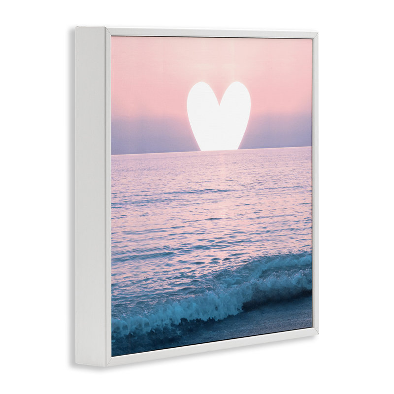 «Pink Heart Ocean Sunrise» par Emanuela Carratoni, H 12 po x l 12 po x P 1,5 po, Giclée encadrée blanc bord de mer