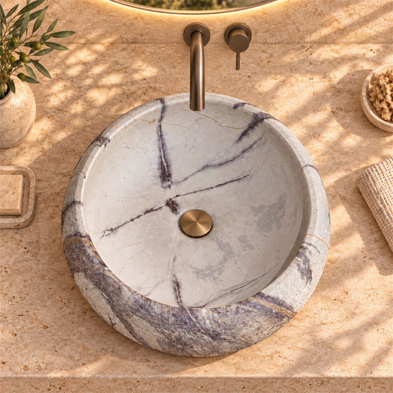 Vasque de salle de bain ronde de 42 cm (16,5 po) en surface solide, style artistique, en pierre naturelle
