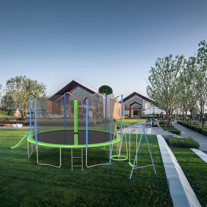 12FT Green Outdoor Trampoline with Slide, Swings, and Basketball Hoop