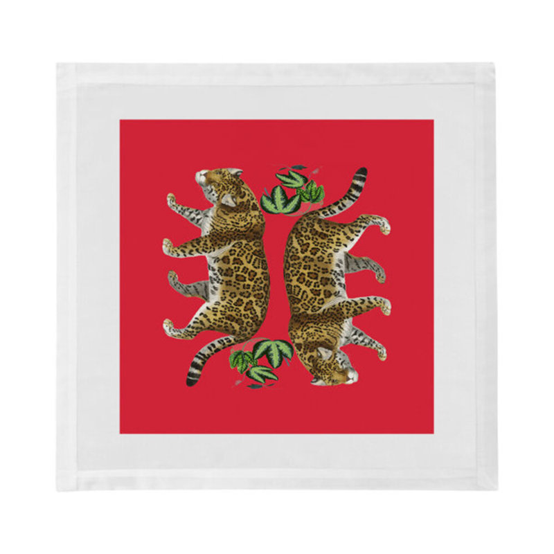 Leopard Seeing Double Cotton Blend Square Napkins, Crimson