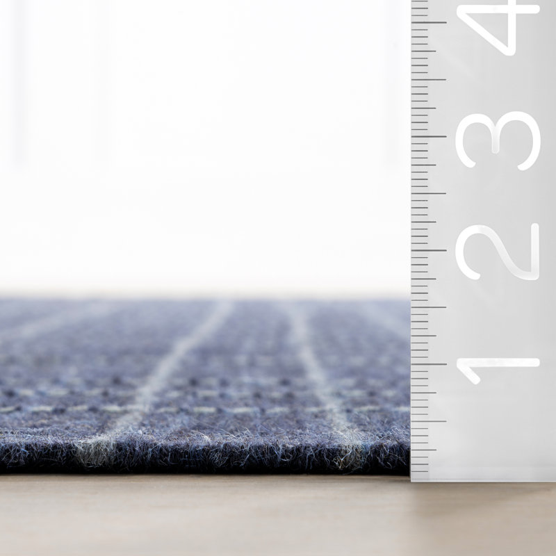 Handmade Blue Wool Rectangular Plaid Area Rug